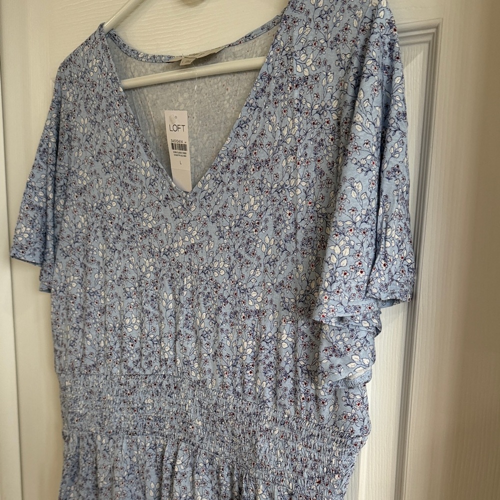 NWT LOFT Blue Ditsy Floral Smocked Mini Dress - Picture 8 of 11